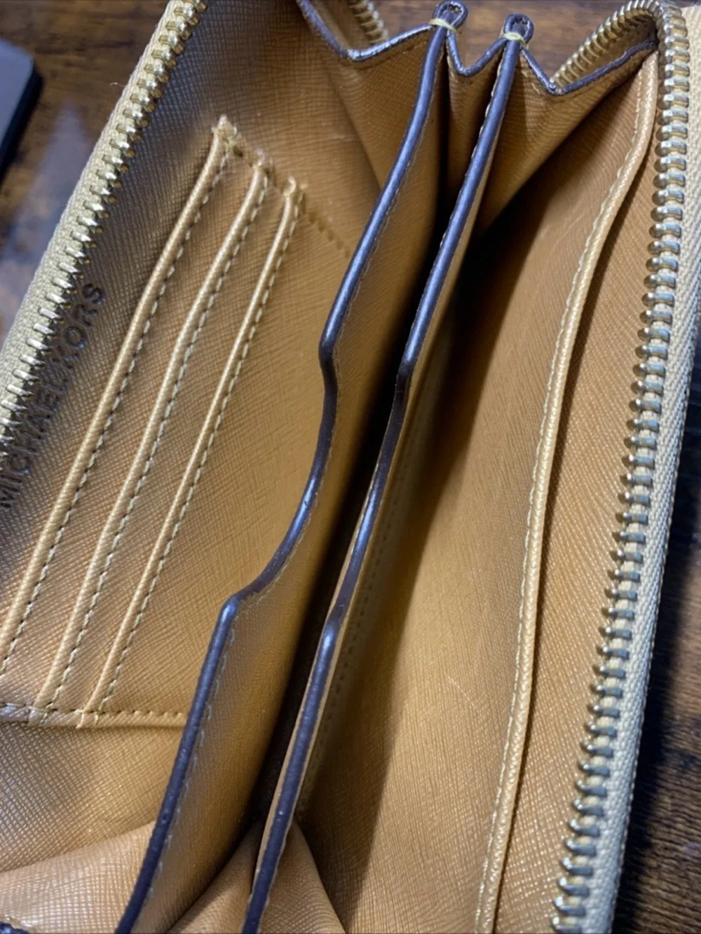 Michael Kors Gold Zip Around Wallet Saffiano Leather Card Holder Continental